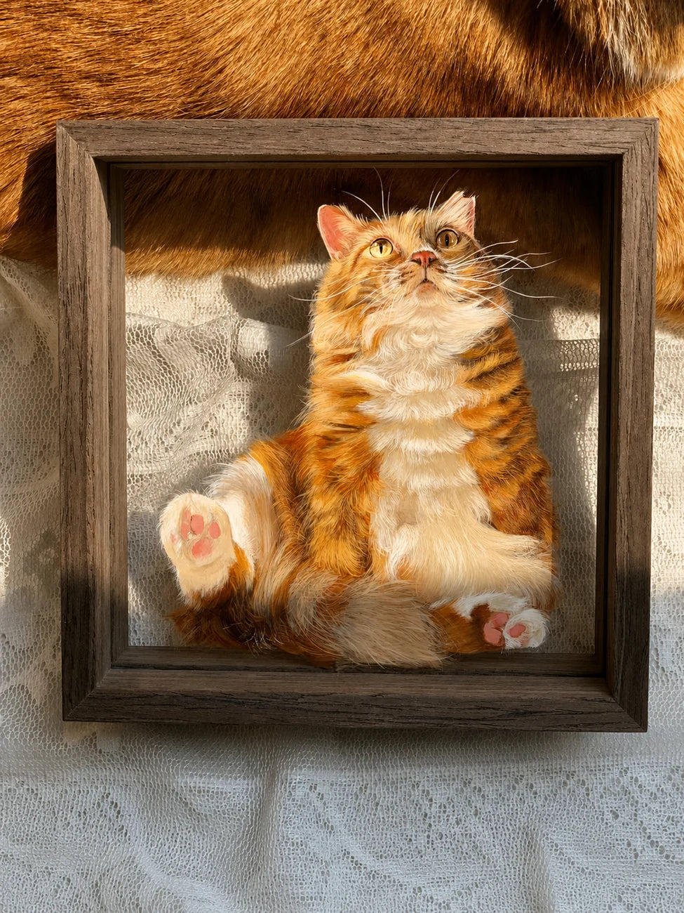 Framed orange cat glass painting