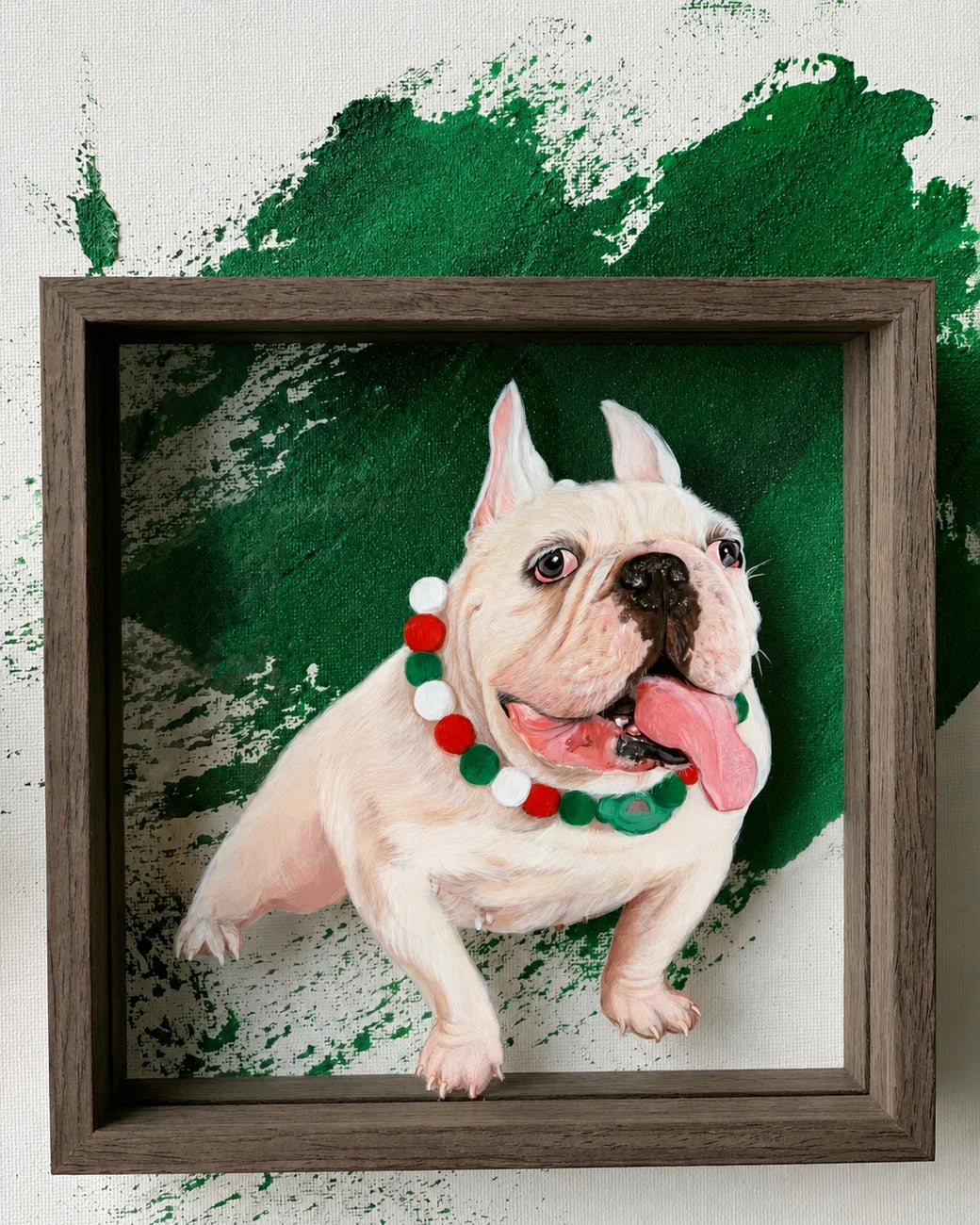 Bulldog glass pet portrait with green painted background