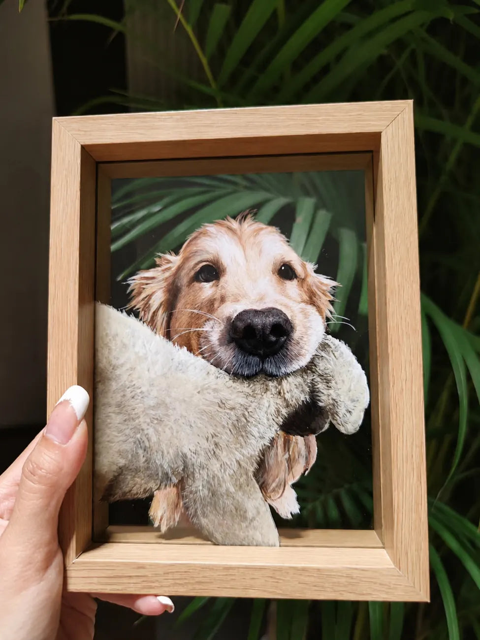Finished small scruffy dog glass portrait held by hand