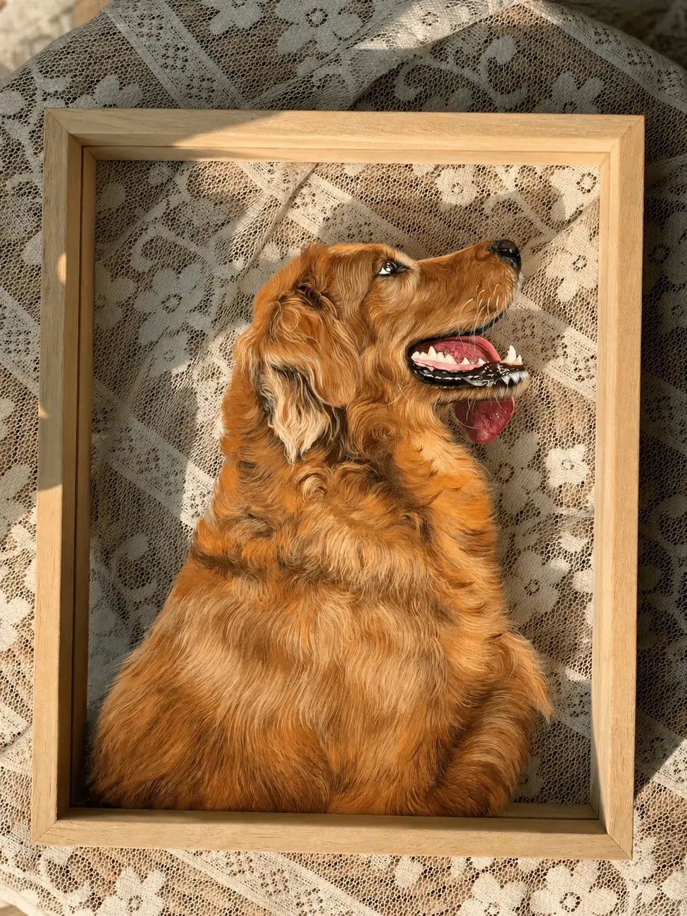 Finished golden dog glass portrait in a decorative frame