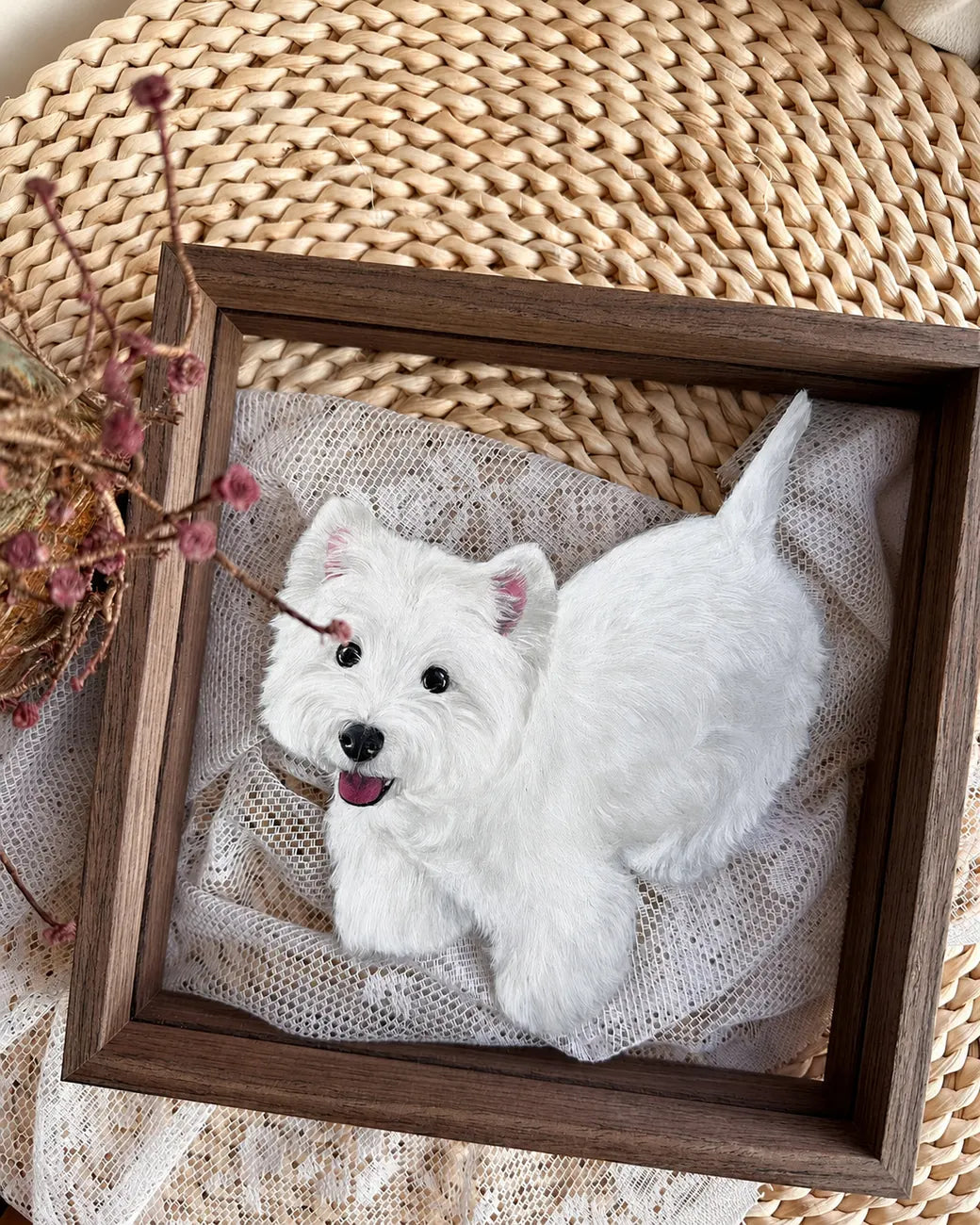 Finished white dog glass portrait in a brown frame