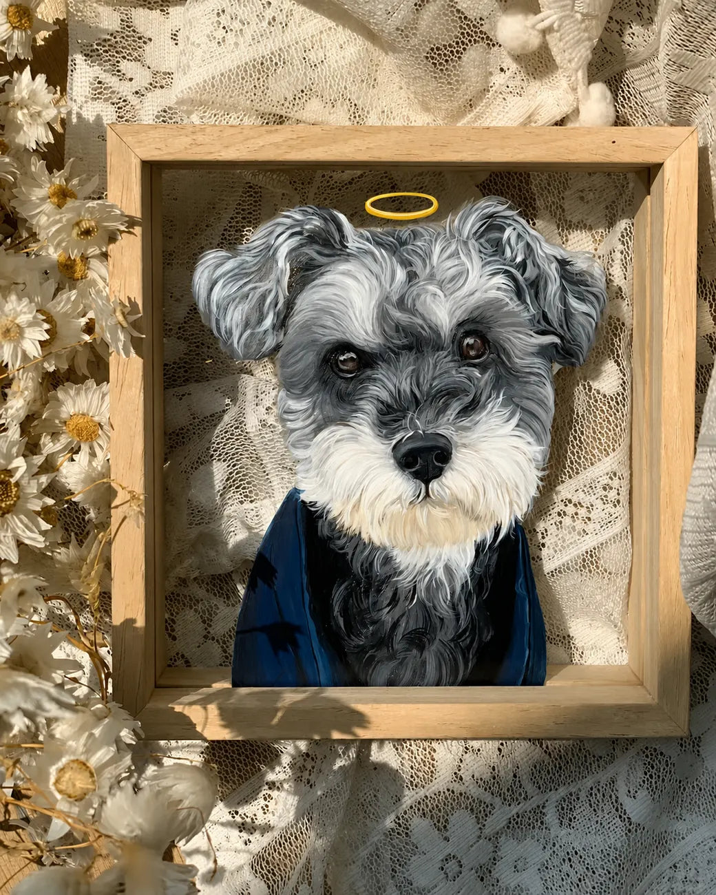 Finished schnauzer glass portrait with blue outfit detail