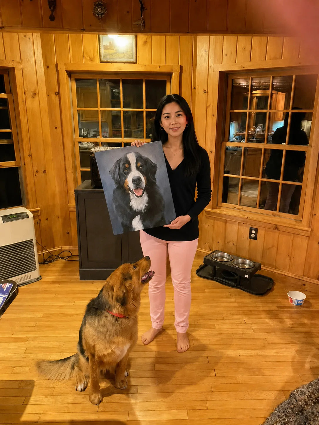 Customer testimonial with pet portrait