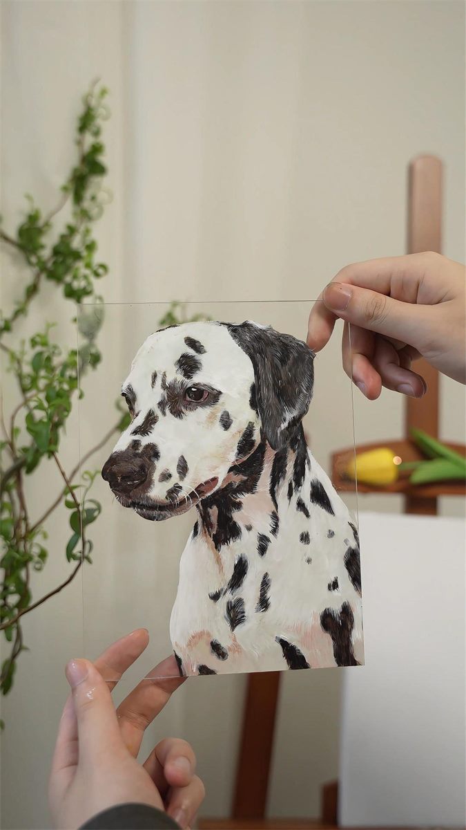 Painting process detail for a glass pet portrait