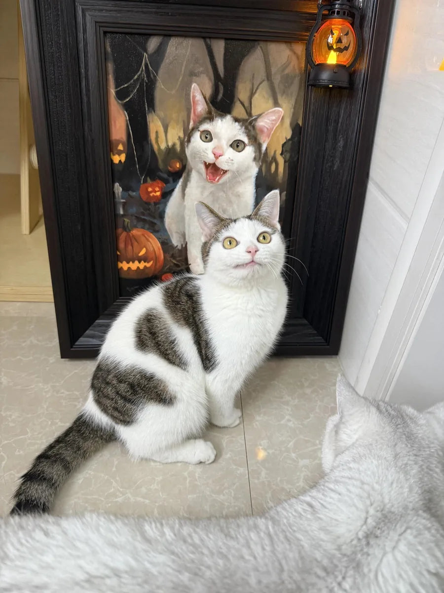 Two cats and wildflowers oil portrait