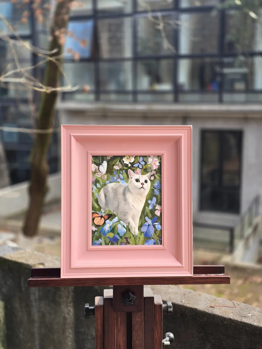 Kitten green landscape oil portrait