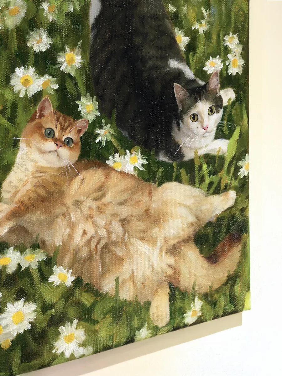 Two cats in meadow oil portrait