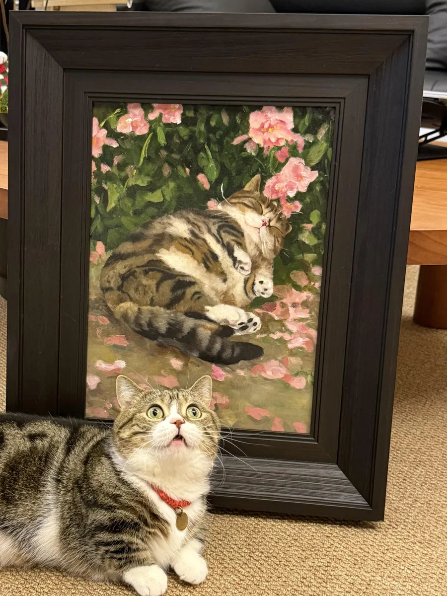 Framed black cat oil portrait