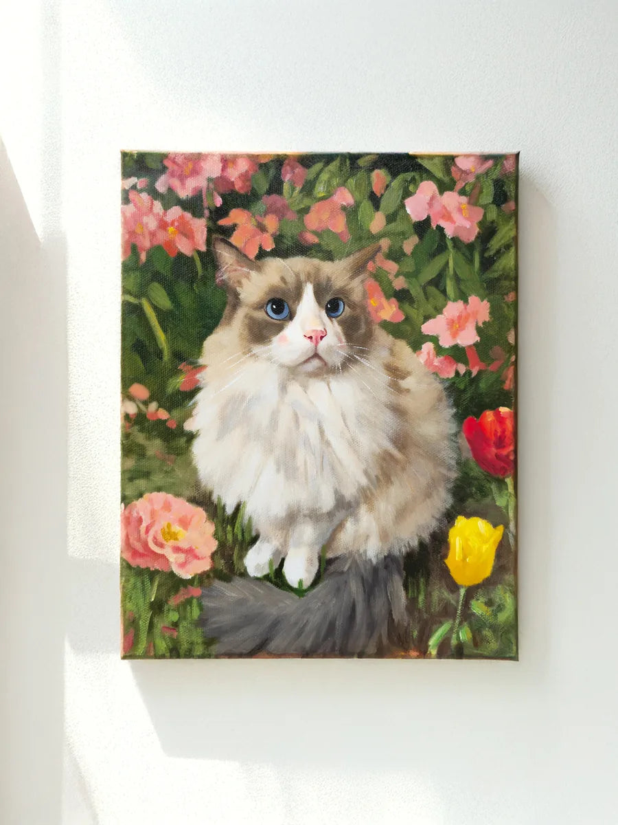 White cat and tulips oil portrait