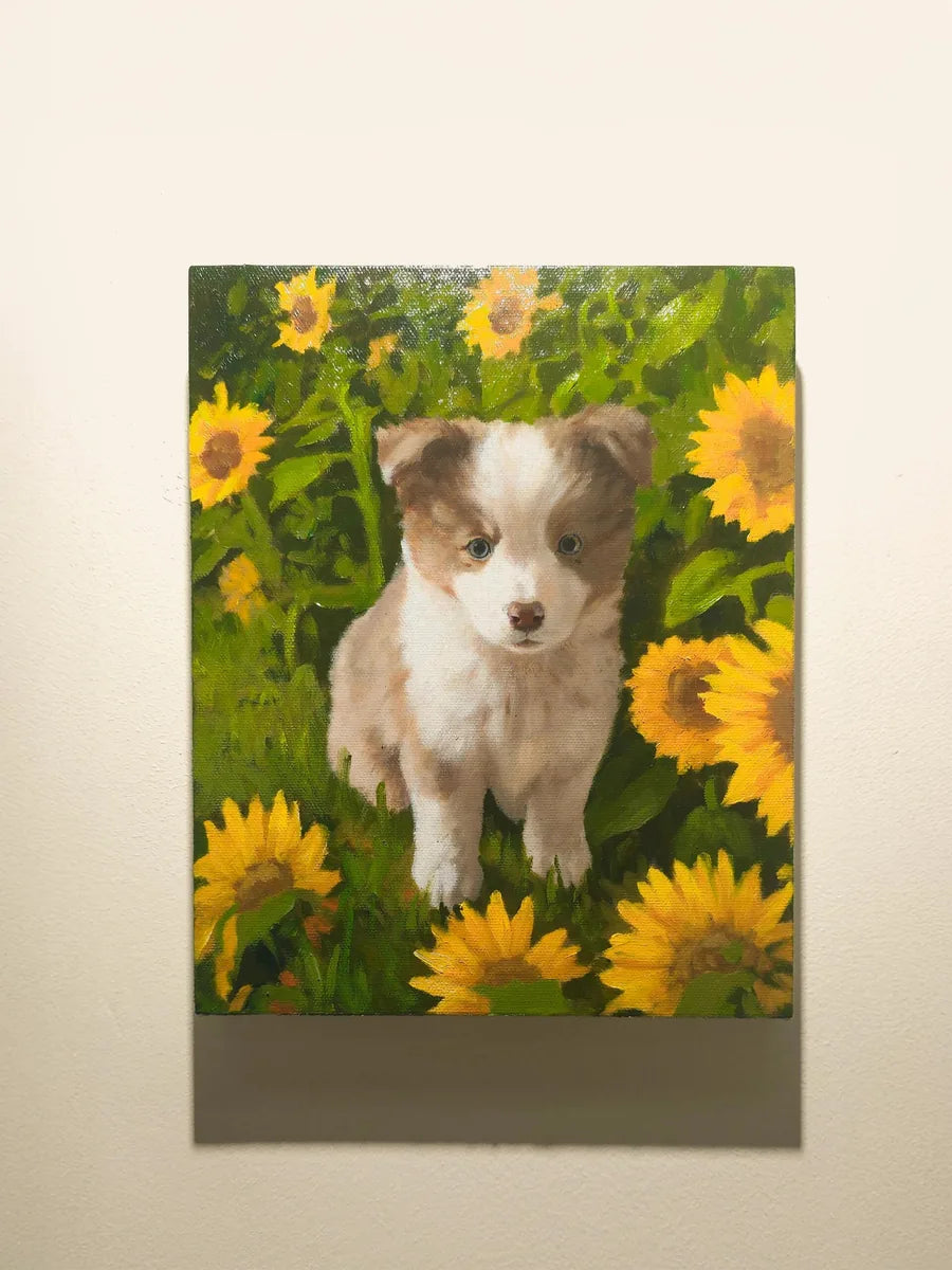 Dog with sunflowers oil portrait