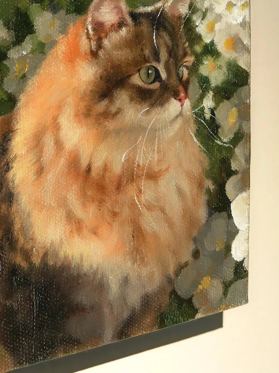 Tabby cat in flowers oil portrait
