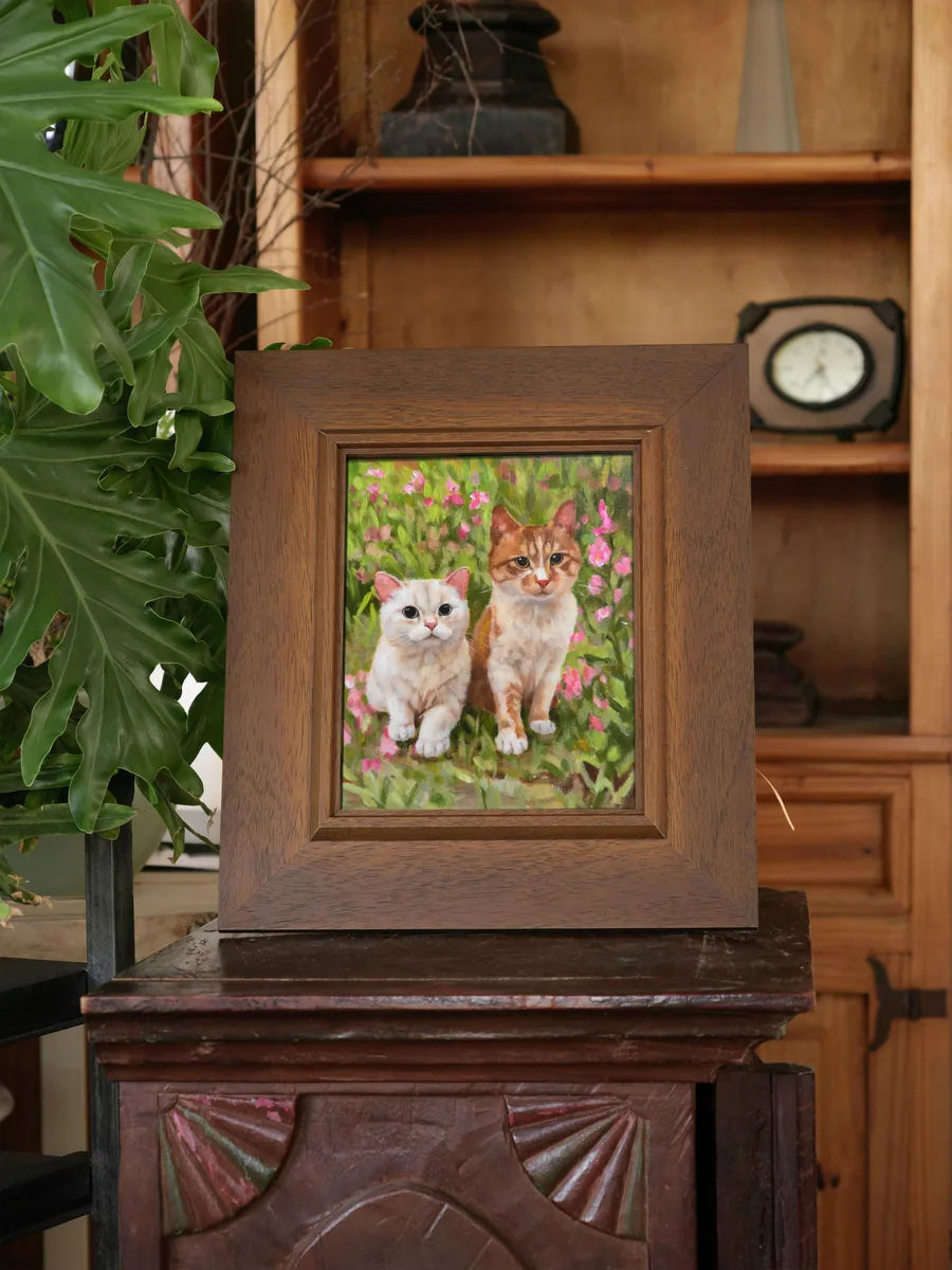 Dog garden framed oil portrait