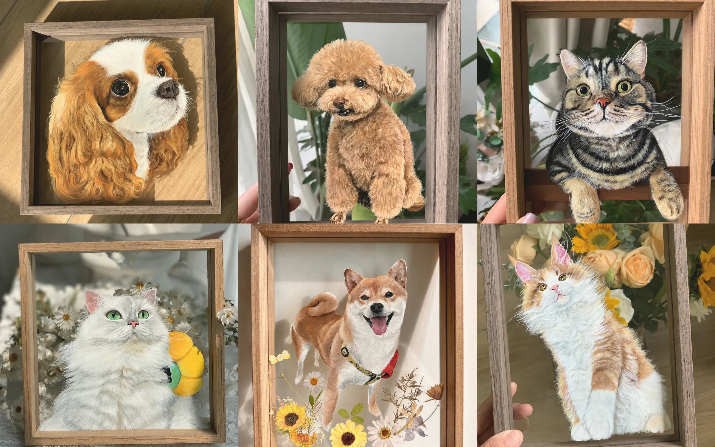 A collage of framed custom glass pet portraits by Feifei