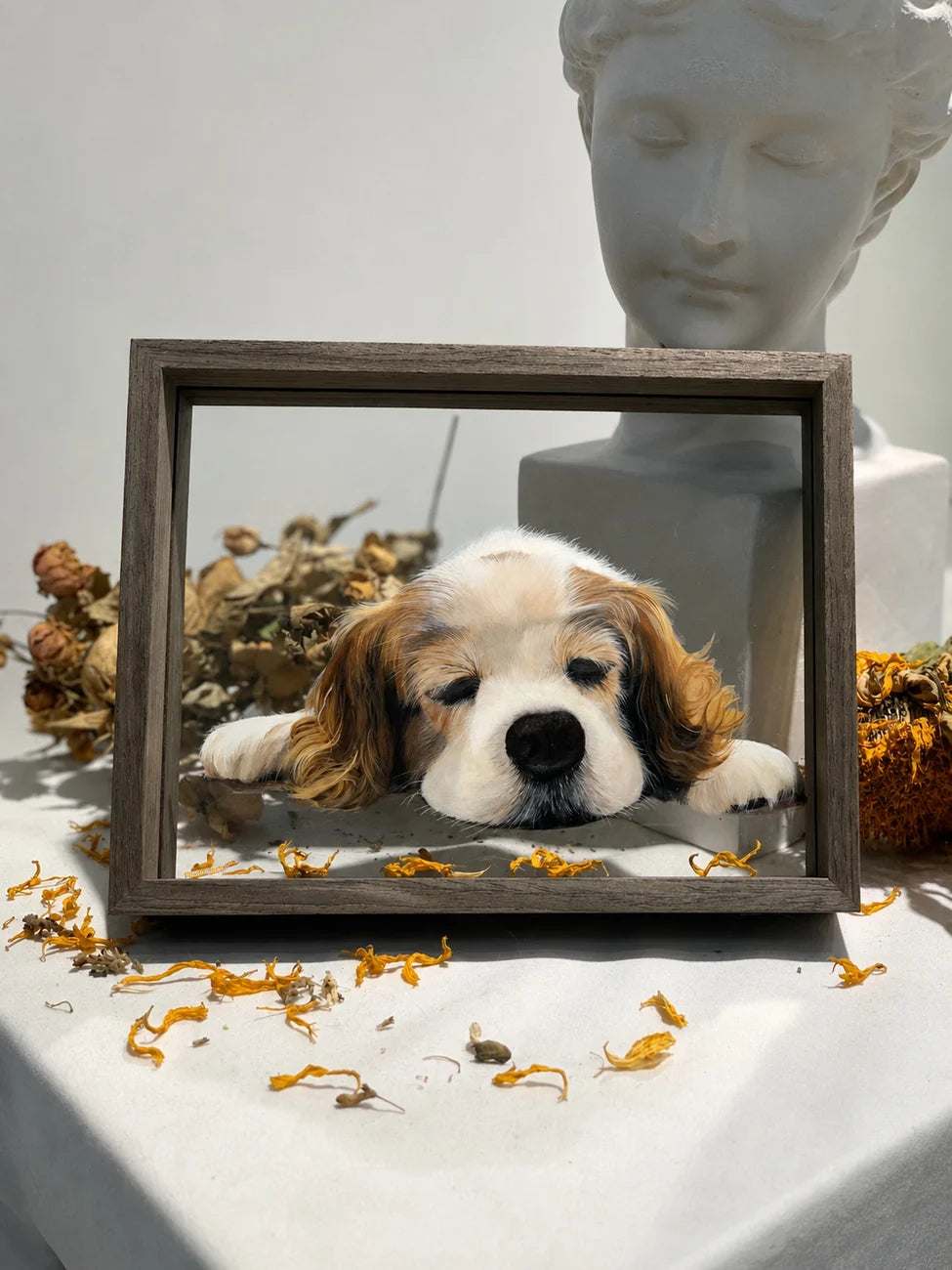 Glass portrait of a sleepy dog styled with flowers