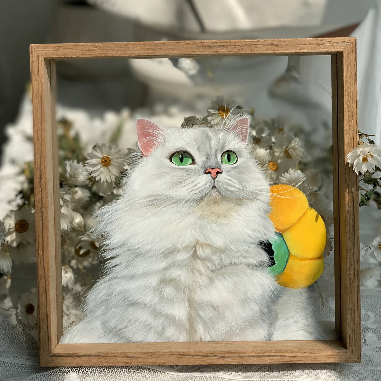 Square white cat glass portrait with floral styling