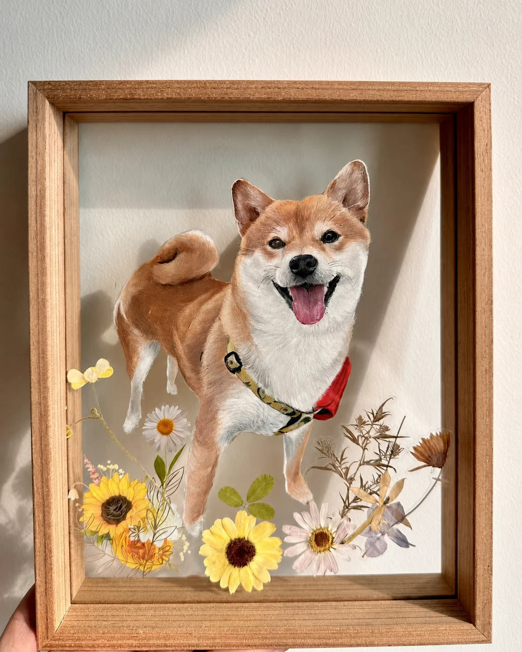 Shiba glass portrait with sunflower details