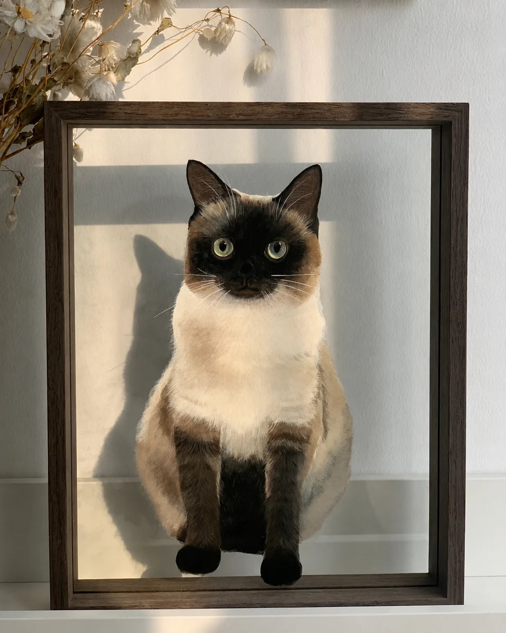 Siamese cat glass portrait in a dark frame