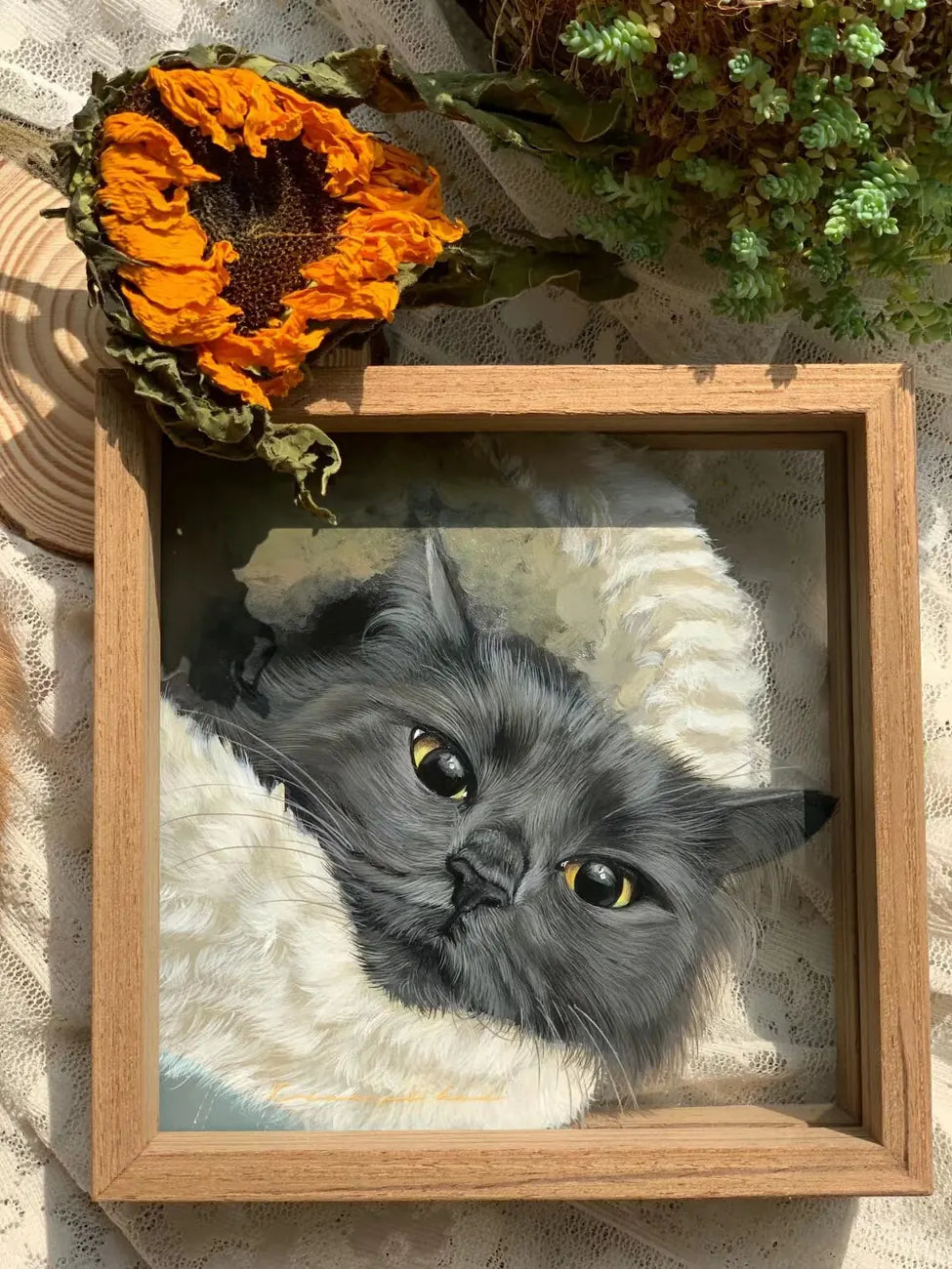 Finished black cat glass portrait with sunflower styling