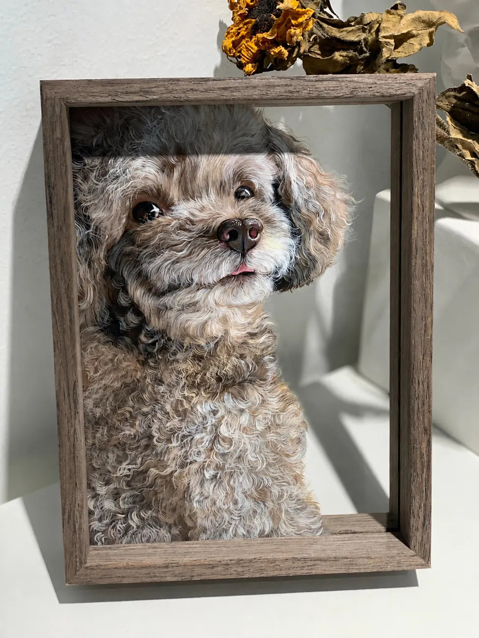 Finished gray poodle glass portrait in a wood frame