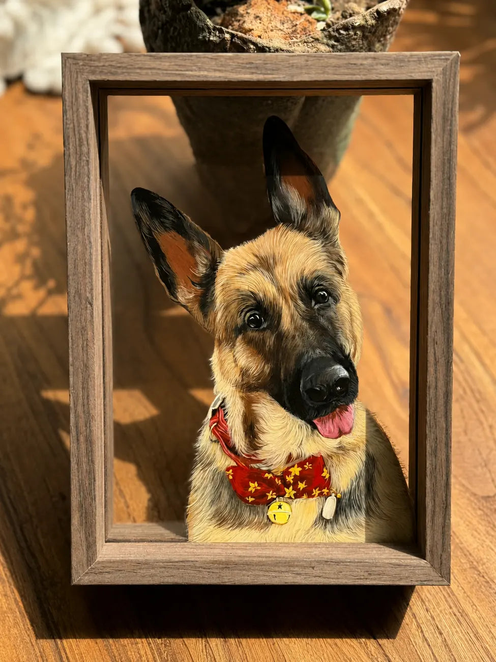 Finished German shepherd glass portrait in a wood frame