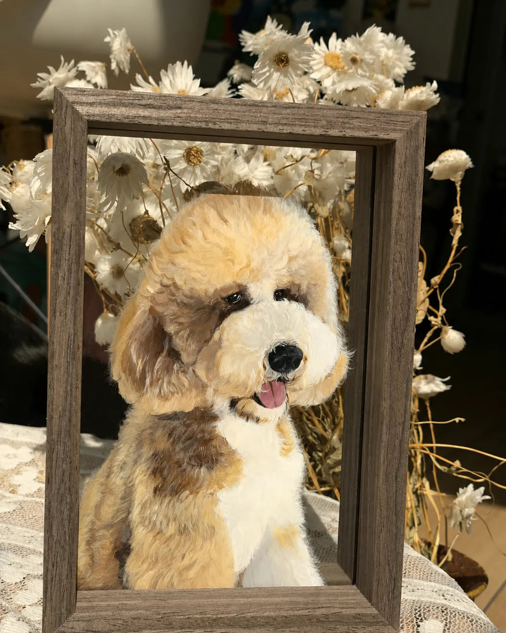 Finished cream poodle glass portrait with floral styling