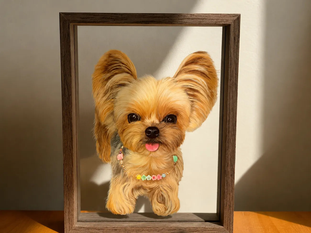 Finished Yorkie glass portrait in a wood frame