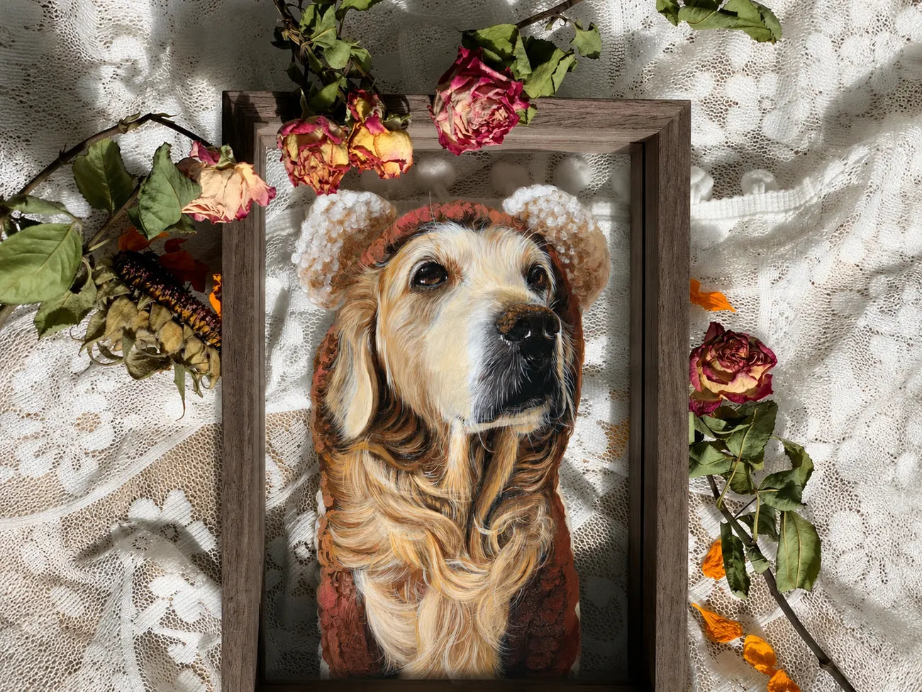 Finished golden dog glass portrait with rose styling